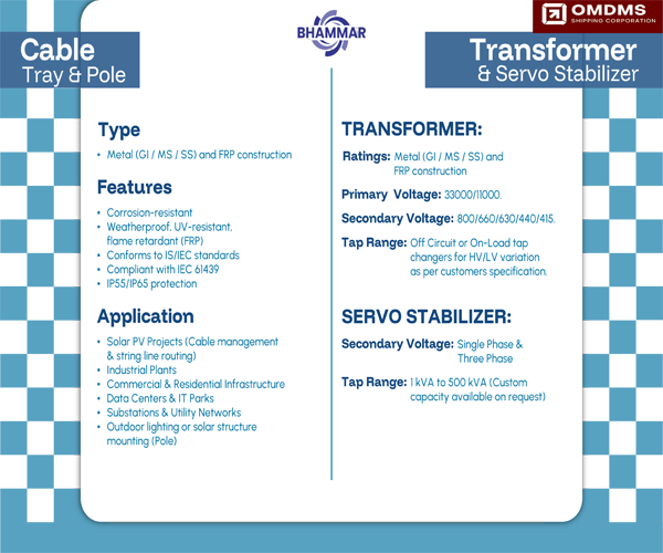 Cable Tray & Pole  &  Transformer & Servo Stabilizer
